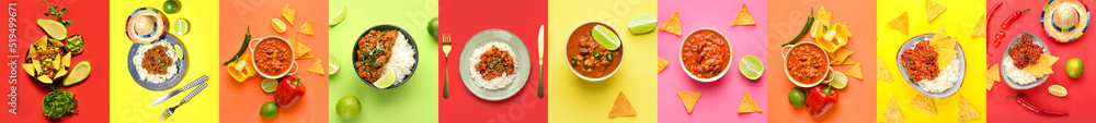 美味的辣椒肉卷配米饭、玉米片和宽边帽，彩色背景，俯视图