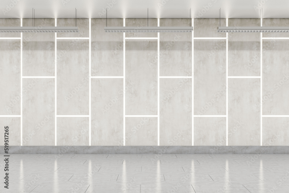 带照明线条的现代白色地下墙。画廊和走廊概念。3D渲染。