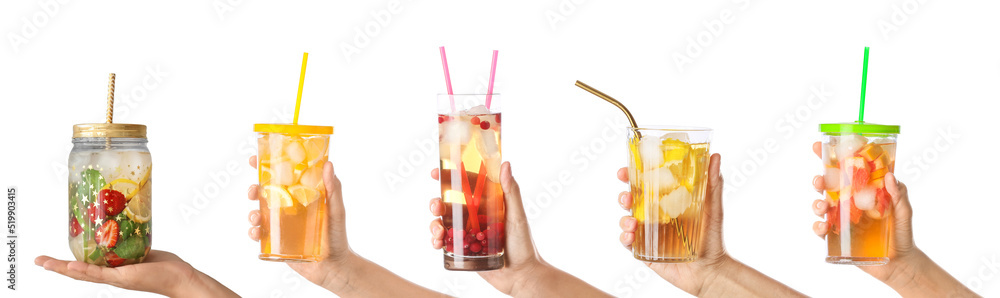 Set of hands with different beverages isolated on white