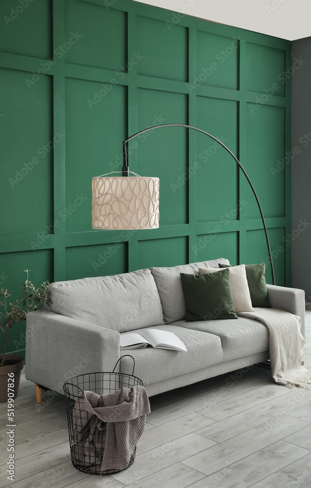 灰色沙发、格子篮子、室内植物和靠近绿色墙壁的标准灯
