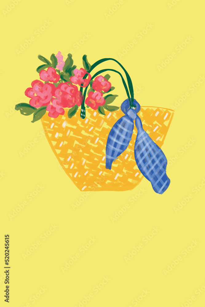 背景是鲜花和围巾的草包。矢量插图