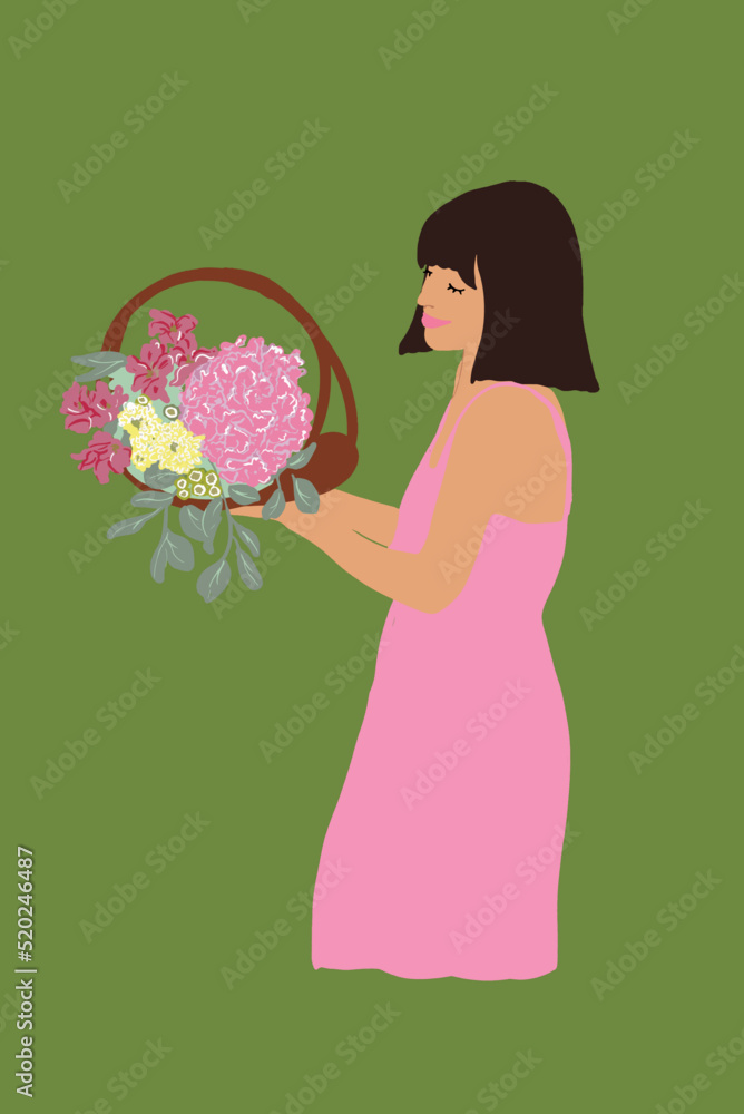 一个穿着连衣裙的女人的矢量插图，背景是装满鲜花的篮子