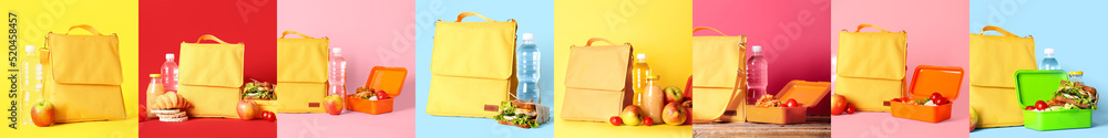 用保温袋和装满美味食物的不同餐盒拼贴