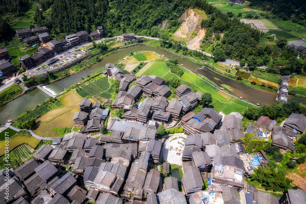 Aerial photography of the pastoral scenery of ancient Dong peoples houses in Bazhai, Chengyang, Liu