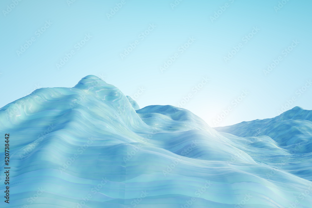 抽象的蓝色沙滩景观背景和实体模型。自然概念和3D渲染。