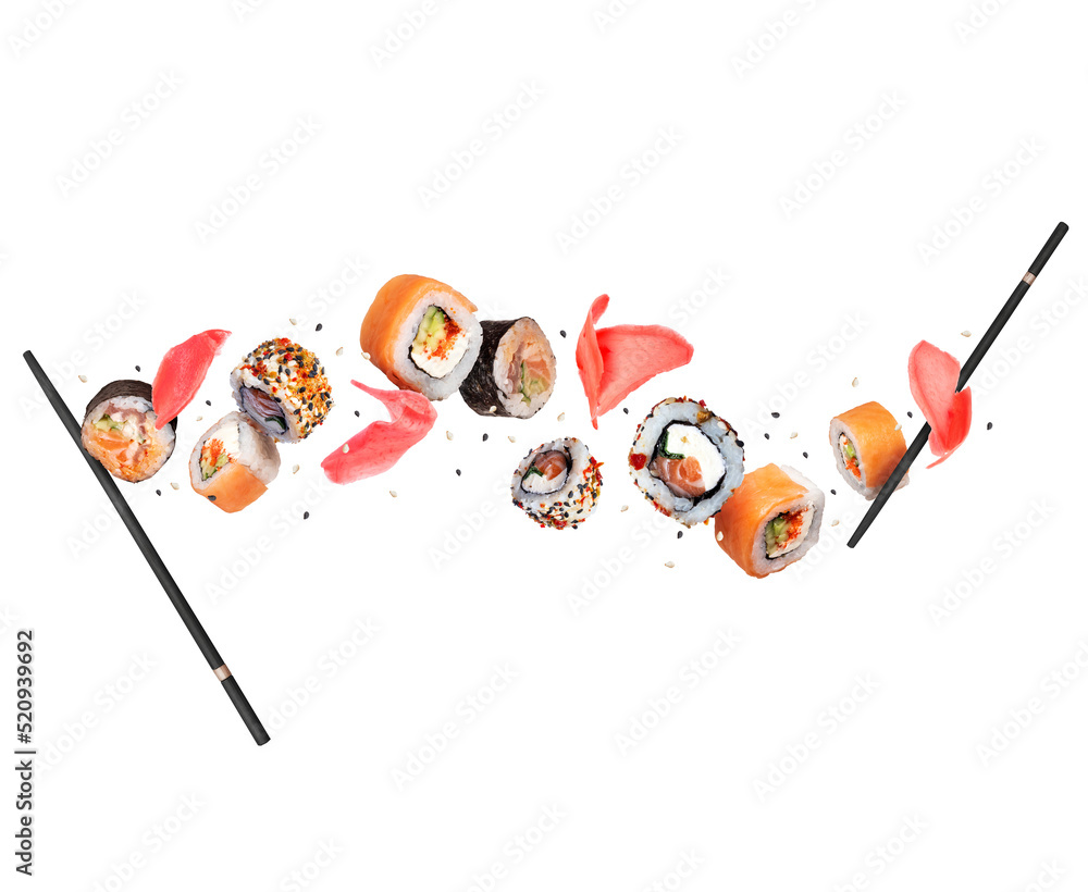 Fresh sushi rolls with ginger in the air isolated on a white background