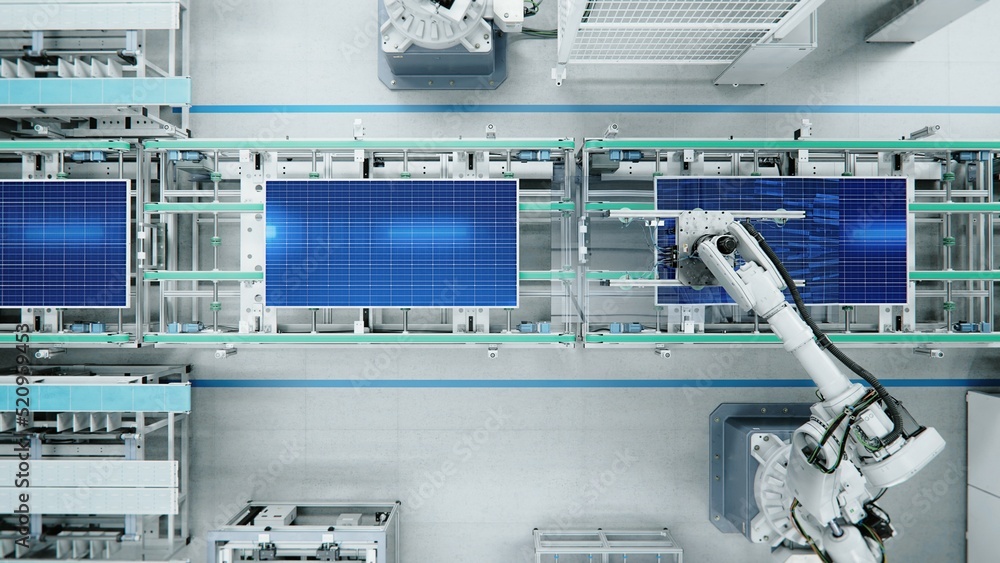 现代光明工厂带机械臂的太阳能电池板装配线俯视图。太阳能电池板产品