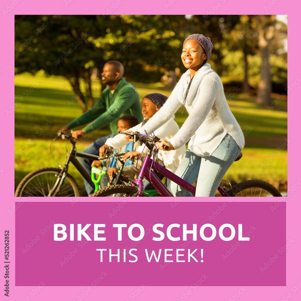本周非裔美国人家庭在公园里骑自行车和自行车上学的复合文本