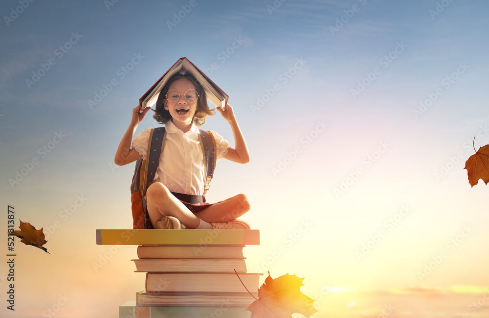 child on the tower of books