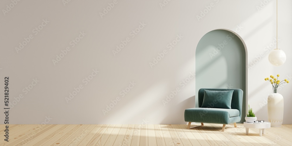 斯堪的纳维亚客厅，白色空墙背景上有绿色扶手椅。