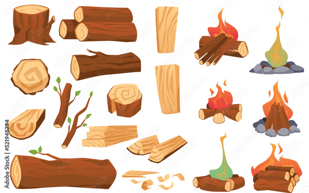 木质材料和燃烧的木柴套装，平面矢量插图隔离。
