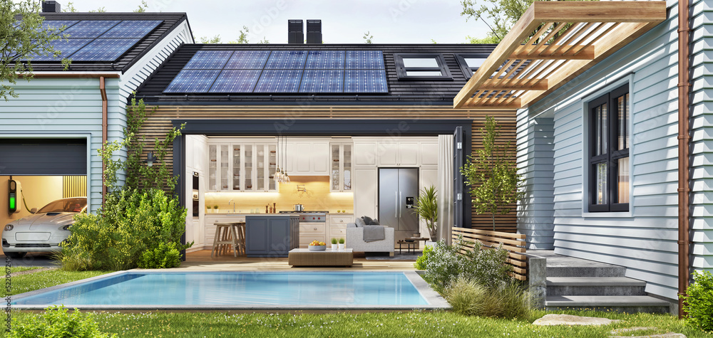 带游泳池和开放式厨房的现代化露台。屋顶上有太阳能电池板和一个电水壶的房子