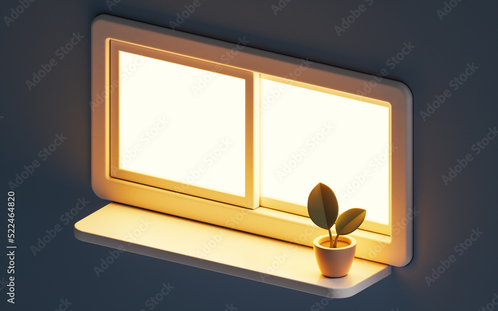 金色灯光的3D卡通风格窗台，3D渲染。