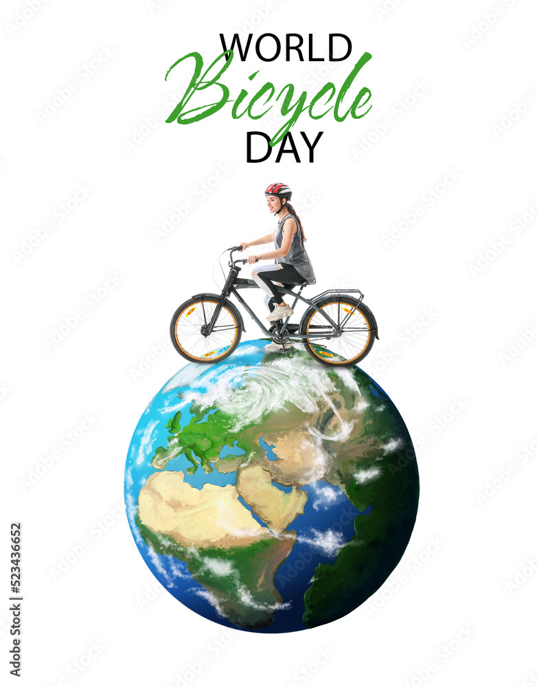 世界自行车日拼贴画，白色背景是运动型年轻女性和地球