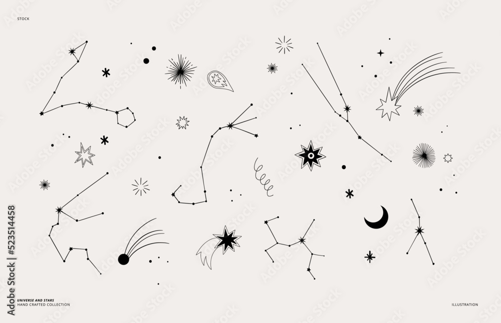 星座、行星、恒星、太阳、彗星的现代手绘矢量图。神秘占星家