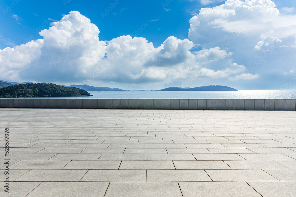 Empty square floor and lake with mountain natural landscape