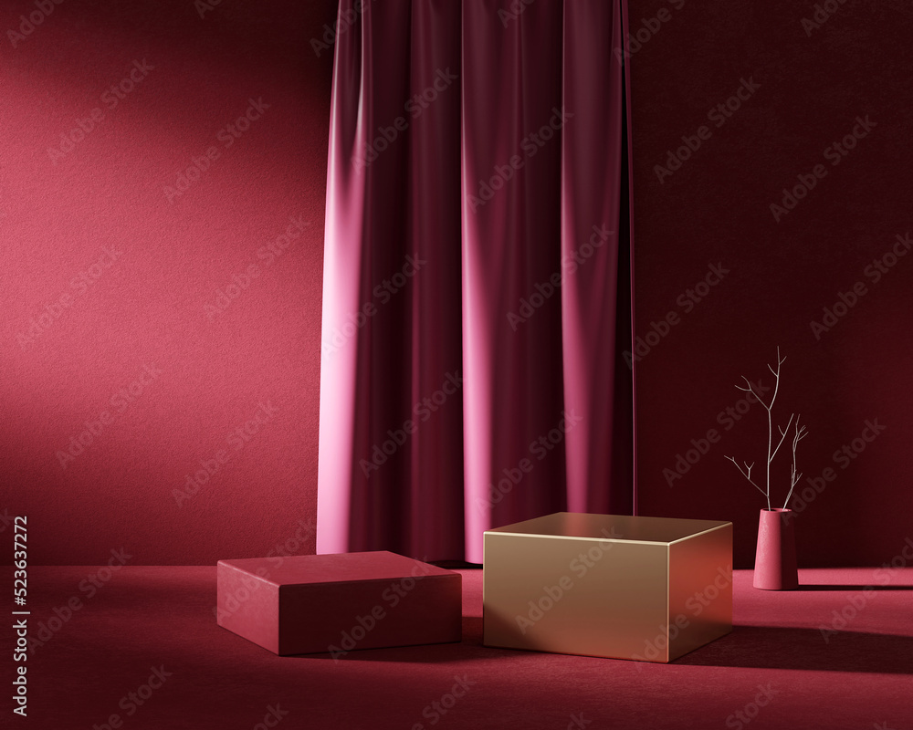 抽象的静物优雅红色讲台产品展示，带窗帘三维渲染