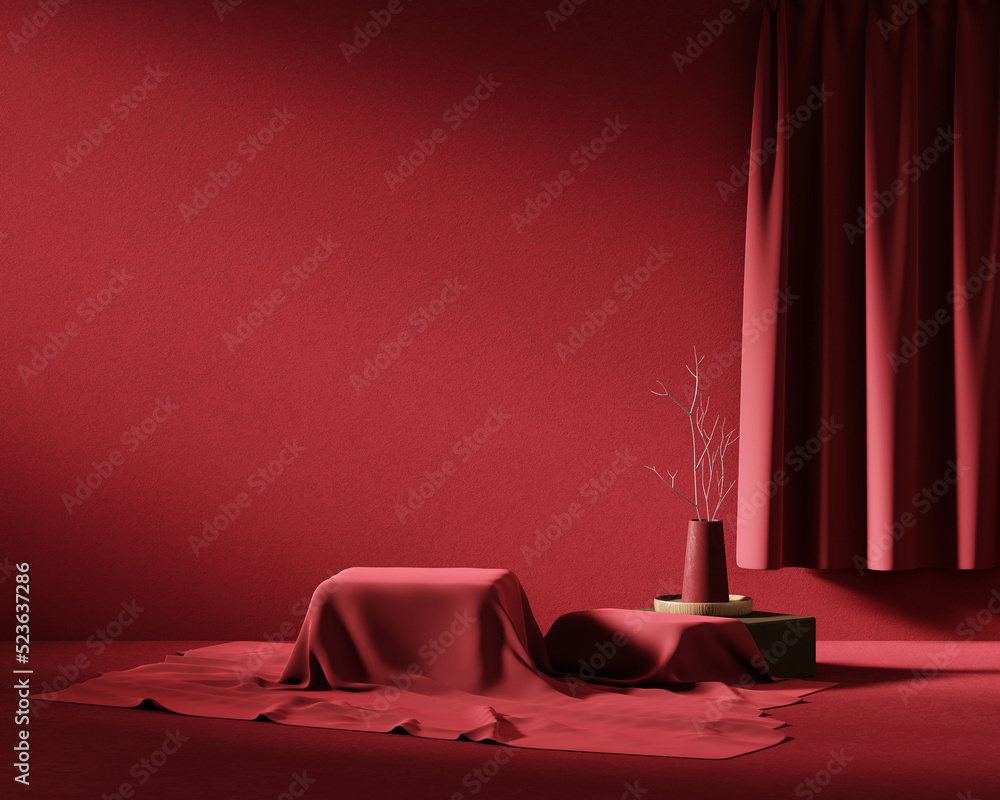抽象的静物优雅红色讲台产品展示，带窗帘三维渲染