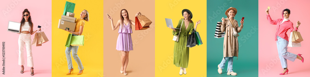 一组女性，带着包、笔记本电脑和包裹，背景为彩色。在线购物