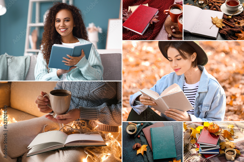 Autumn collage of young women with books and cups of hot drinks