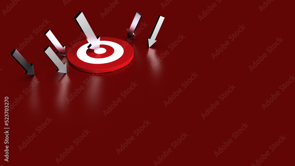 银色箭头击中红色背景下的目标。商业概念。3D插图。