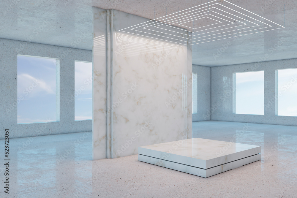现代轻混凝土画廊内部，墙上和讲台上有空的实体模型。展览和m