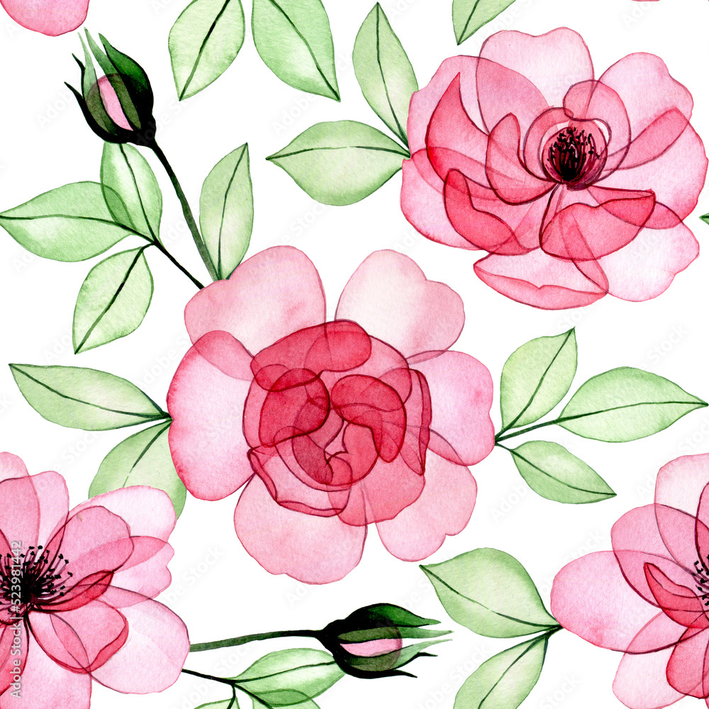 watercolor drawing. seamless pattern of transparent flowers, pink roses, buds and leaves. x-ray, pri