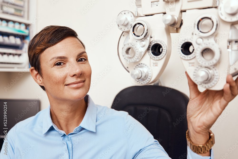 Portrait of professional optometrist, confident and happy in an optometry office preparing equipment