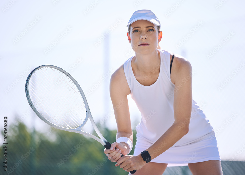 Tennis, sport and serious woman holding her racket and ready to play on court outside. Determined an