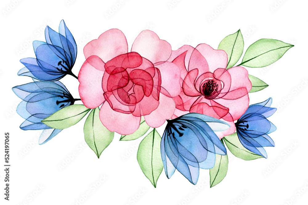 水彩画。一束透明的花和玫瑰叶。粉色玫瑰和蓝色郁金香x射线