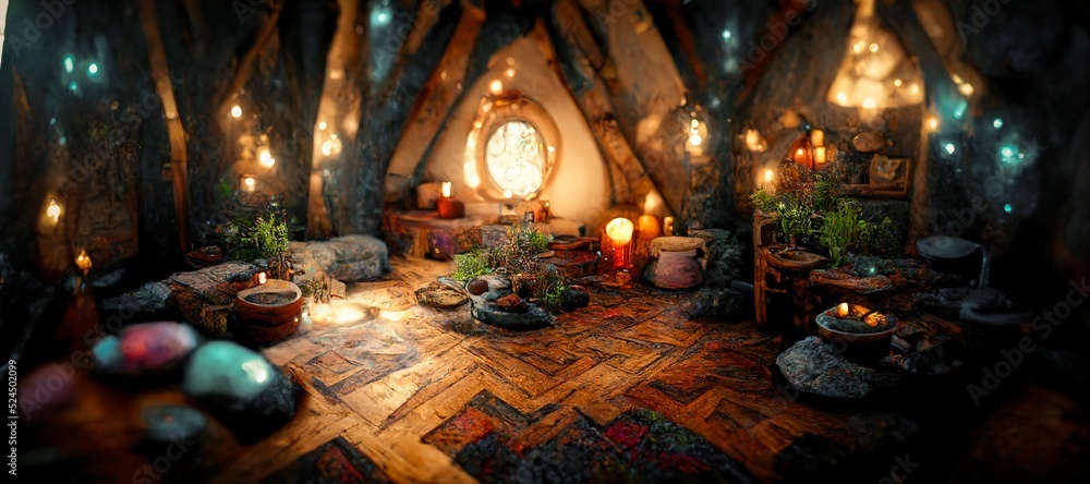 一座梦幻般的中世纪小屋内部的壮观照片，里面摆满了植物家具和长椅