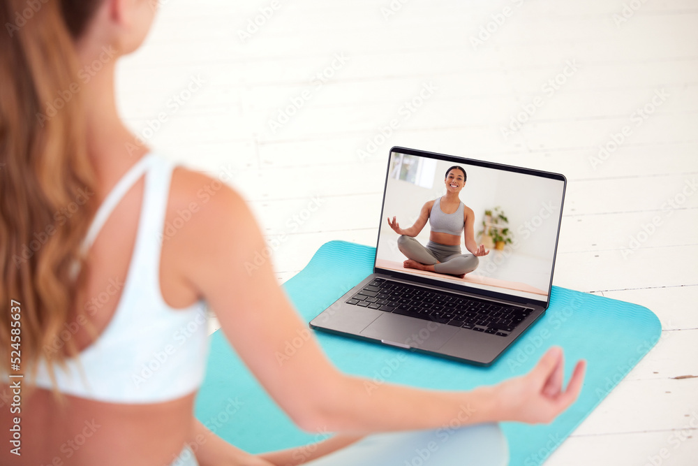 Yoga, meditation and wellness woman watching coach, teacher or professional health and exercise educ