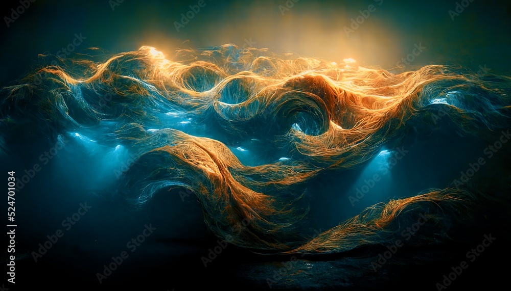 丝绸的壮观抽象像汹涌的海浪，来自上方的光线穿过t