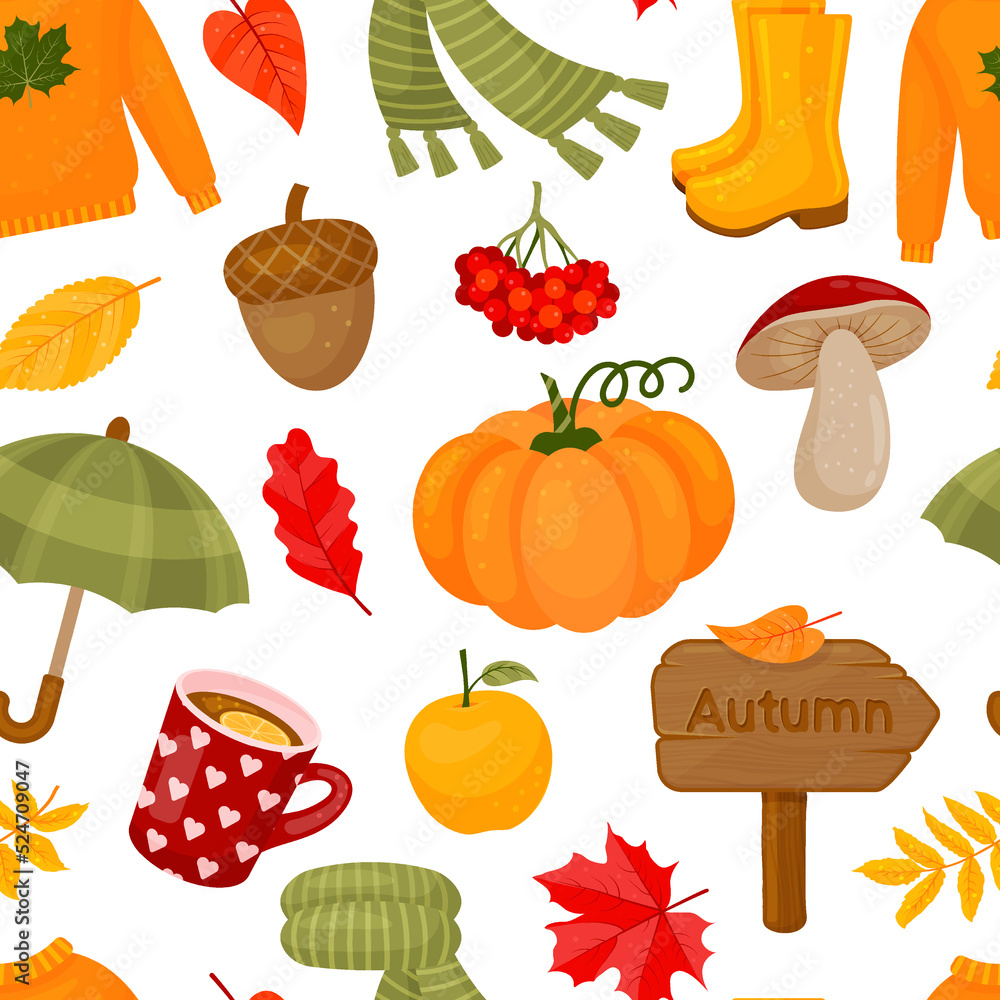 来自秋季元素的无缝图案。树叶、南瓜、橡子、毛衣、围巾、一杯热茶、糊状物
