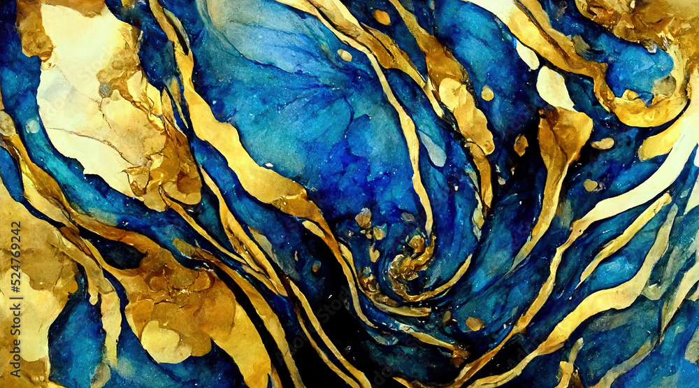 壮观的抽象纹理设计，以大理石上的蓝色和金色波浪状液体为背景。Di
