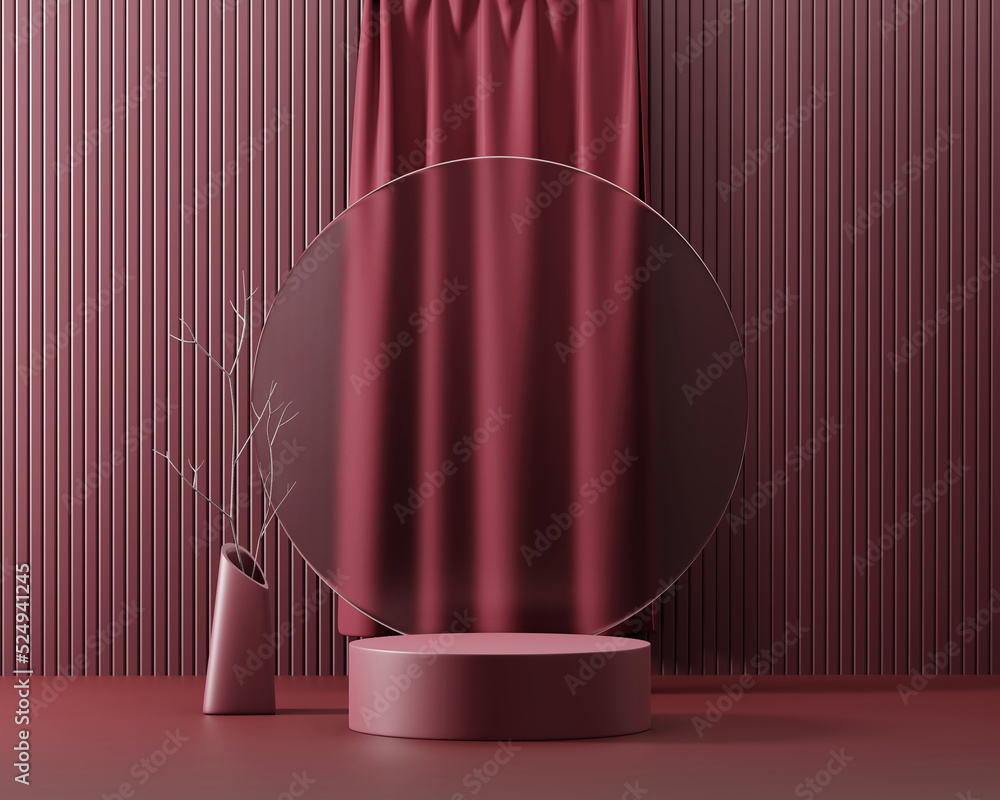 Abstract still life elegance red podium platform product showcase with curtain 3d rendering