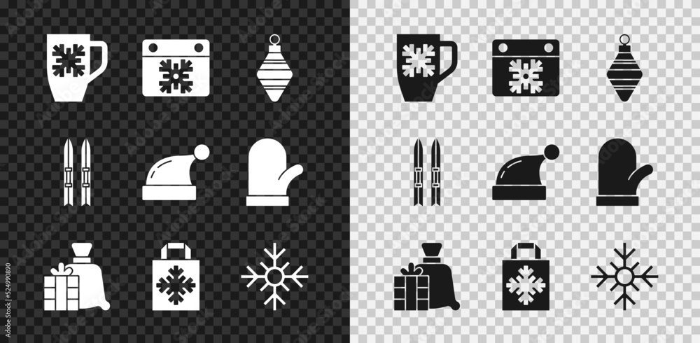 雪花套装咖啡杯，日历，圣诞球，圣诞老人包礼物，购物，雪花，