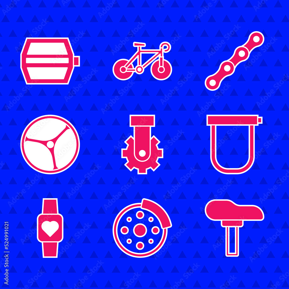 设置Deraileur自行车后部，自行车制动盘，座椅，锁，智能手表，车轮，链条和踏板ico