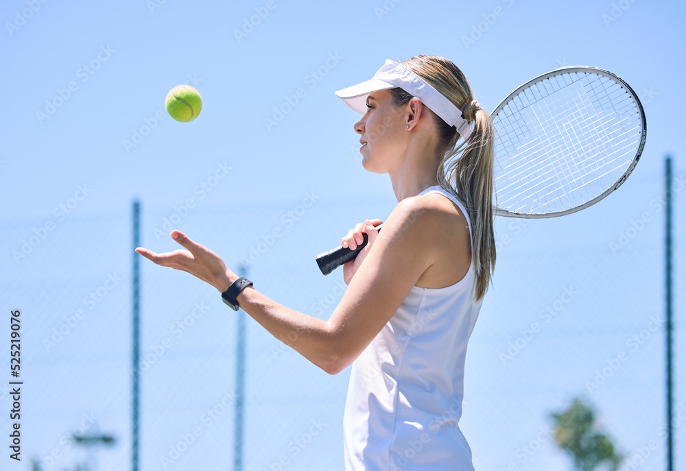 Sports, tennis ball and player ready to play a game on the court for fitness, healthy and exercise t