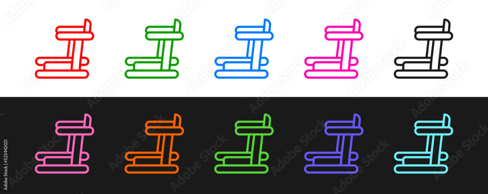 Set line Treadmill machine icon isolated on black and white background. Vector
