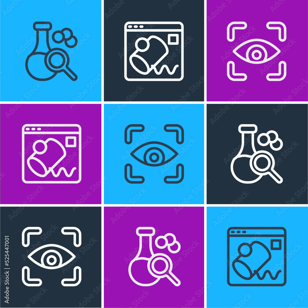 Set line Test tube, Eye scan and Data visualisation icon. Vector
