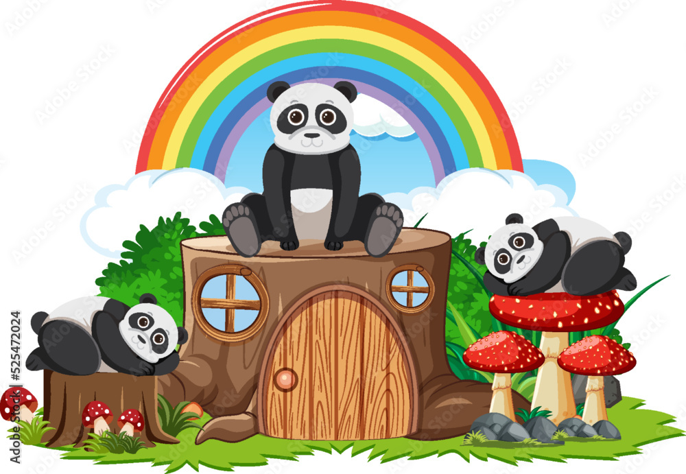 熊猫群与树桩屋