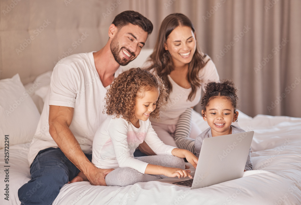 Family, laptop and relax on bed together with kids for bonding time. Caring home, parents and young 