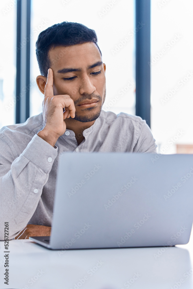 Thinking, idea development and business strategy of a businessman working at a office computer. Corp