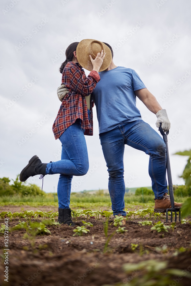 Farmer, love and couple kiss hiding with a hat on agriculture, sustainability and green farm showing