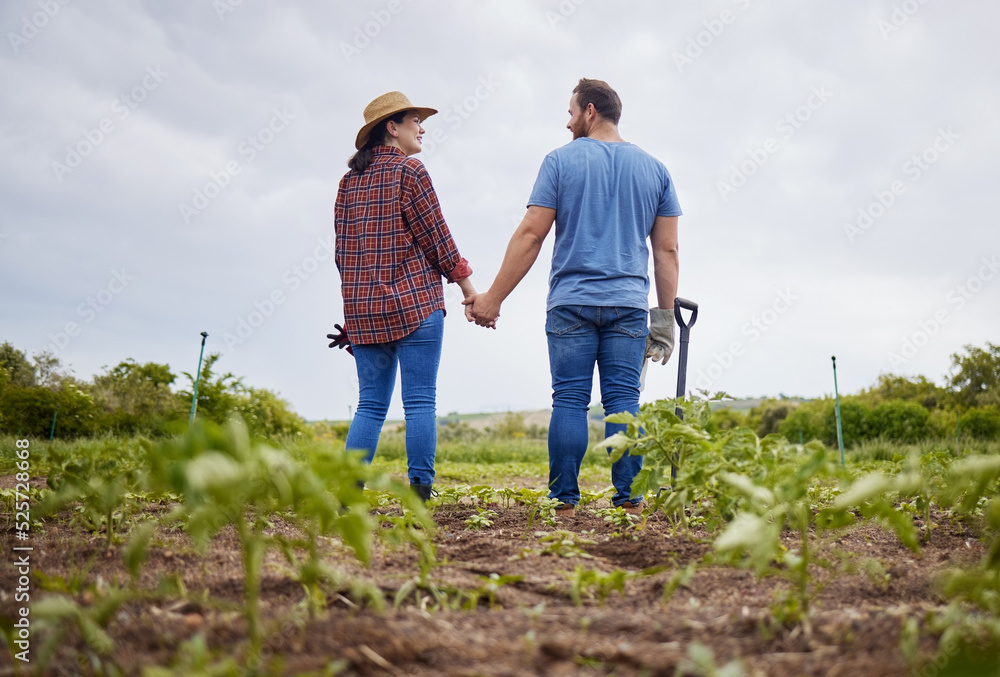 Farmer couple happy about agriculture growth with vegetable crops or plants in aorganic or sustainab