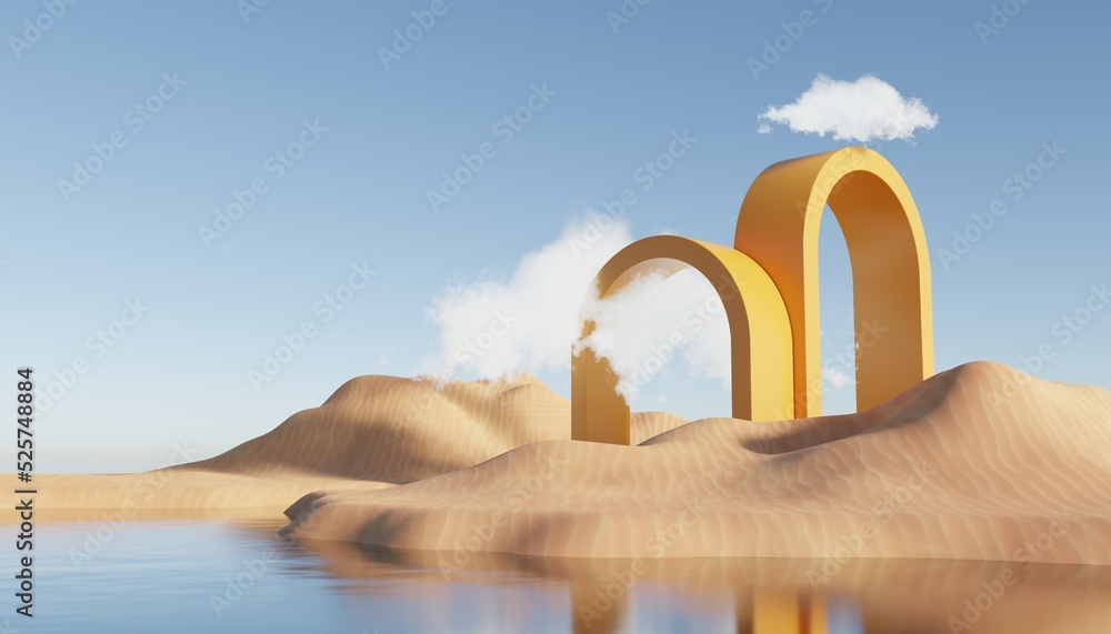 抽象沙丘悬崖沙，有金属拱门和干净的蓝天。超现实的最小沙漠自然景观