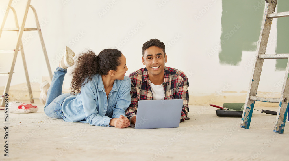 Couple relax with laptop, living room home renovation and interior design ideas online internet. Hap