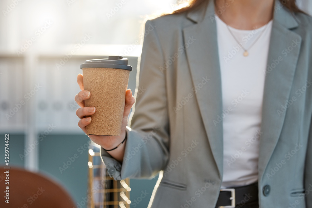 Coffee, business hand and work break for walking pedestrian woman on lunch, breakfast or tea stop in