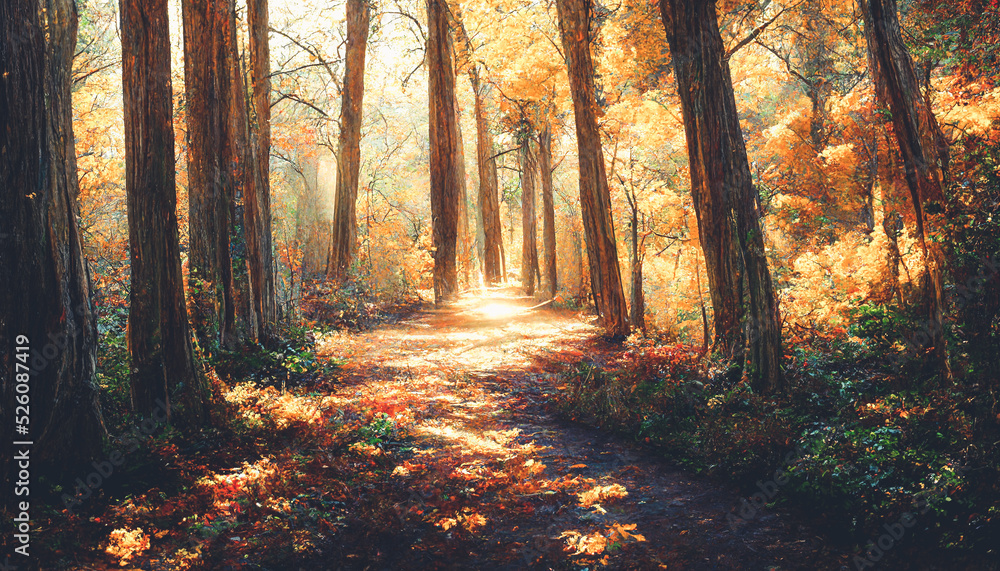 茂密的森林里，壮观的温暖明亮的秋色，黄色的叶子从t上落下